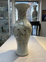 A pair of Chinese famille verte blue-ground gilt-decorated vases and a famille rose 'Elegant Beauties' vase, 19th C.