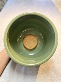 A large Chinese Longquan celadon tripod censer with floral design, Ming