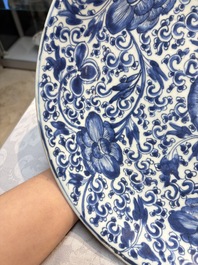 A large Chinese blue and white 'Peony Scroll' dish, artemisia leaf mark, Kangxi