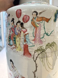 A Chinese famille rose 'Qun Xian Zhu Shou 群仙祝壽' rouleau vase, Qianlong mark, 19th C.