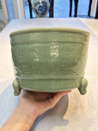 A large Chinese Longquan celadon tripod censer with floral design, Ming