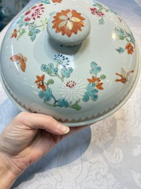 A Chinese famille rose &lsquo;Crane in a Garden&rsquo; tureen and cover, Qianlong