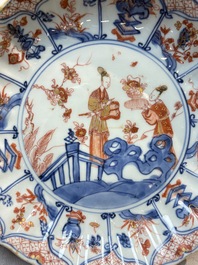 Two Chinese Imari-style plates and a dish with figural design, Kangxi