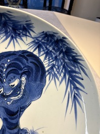 A large Japanese Arita blue and white 'Tiger' dish, Fuuki Chousun 富貴長春 mark, late Edo to early Meiji, 18/19th C.