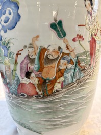 A Chinese famille rose 'Qun Xian Zhu Shou 群仙祝壽' rouleau vase, Qianlong mark, 19th C.