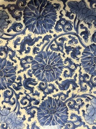 A large Chinese blue and white 'Lotus Scroll' dish, Kangxi