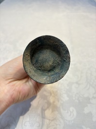 A Chinese archaic bronze wine vessel with phoenix design, Zhi 觯, Zhou