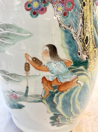 A Chinese famille rose 'Qun Xian Zhu Shou 群仙祝壽' rouleau vase, Qianlong mark, 19th C.
