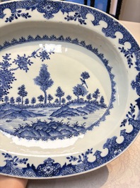 Two Chinese blue and white chargers with floral and landscape design, Qianlong
