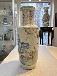 A Chinese famille rose 'Qun Xian Zhu Shou 群仙祝壽' rouleau vase, Qianlong mark, 19th C.