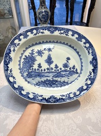 Two Chinese blue and white chargers with floral and landscape design, Qianlong