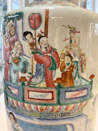 A Chinese famille rose 'Qun Xian Zhu Shou 群仙祝壽' rouleau vase, Qianlong mark, 19th C.