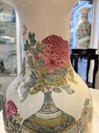 A Chinese famille rose 'Antiquities&rsquo; vase, signed Fang Jiazhen 方家珍, dated 1891