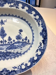 Two Chinese blue and white chargers with floral and landscape design, Qianlong