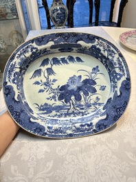 Two Chinese blue and white chargers with floral and landscape design, Qianlong
