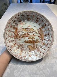 A Chinese iron-red and gilt-decorated 'Ode to the Red Cliff' dish, Kangxi