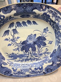 Two Chinese blue and white chargers with floral and landscape design, Qianlong