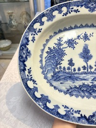 Two Chinese blue and white chargers with floral and landscape design, Qianlong