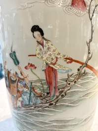 A Chinese famille rose 'Qun Xian Zhu Shou 群仙祝壽' rouleau vase, Qianlong mark, 19th C.