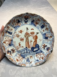 Two Chinese Imari-style plates and a dish with figural design, Kangxi