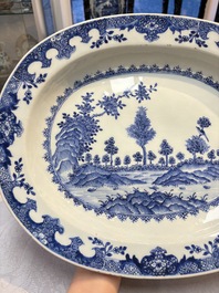 Two Chinese blue and white chargers with floral and landscape design, Qianlong