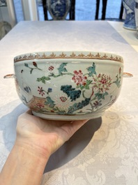 A Chinese famille rose &lsquo;Crane in a Garden&rsquo; tureen and cover, Qianlong