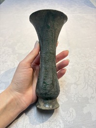 A Chinese archaic bronze wine vessel with phoenix design, Zhi 觯, Zhou