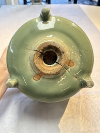 A large Chinese Longquan celadon tripod censer with floral design, Ming