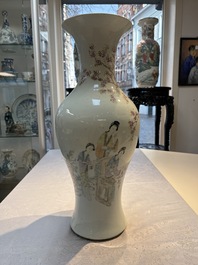 A pair of Chinese famille verte blue-ground gilt-decorated vases and a famille rose 'Elegant Beauties' vase, 19th C.
