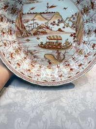 A Chinese iron-red and gilt-decorated 'Ode to the Red Cliff' dish, Kangxi