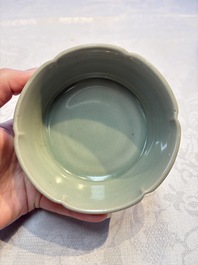 A Chinese Longquan celadon flower-shaped brush washer with a wooden box, Southern Song