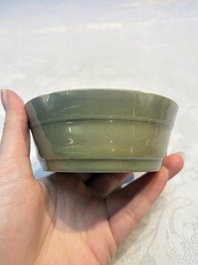 A Chinese Longquan celadon flower-shaped brush washer with a wooden box, Southern Song