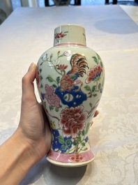 A Chinese famille rose 'Rooster' vase and a covered teapot with floral design, Qianlong