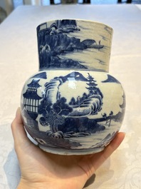 A Chinese famille rose tazza, a blue and white vessel and an enamelled Yixing stoneware teapot, 19th C.