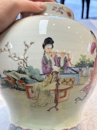 A Chinese famille rose 'San Niang Jiao Zi 三娘教子' vase and cover, 20th C.