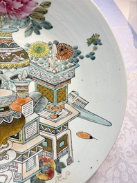 A Chinese famille rose 'Elegant Beauty' basin and a qianjiang cai 'Antiquities' dish, Guangxu mark, 19th C.