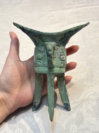A Chinese archaic bronze wine vessel, Jiao 角, Shang/Zhou