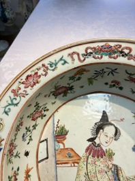 A Chinese famille rose 'Elegant Beauty' basin and a qianjiang cai 'Antiquities' dish, Guangxu mark, 19th C.
