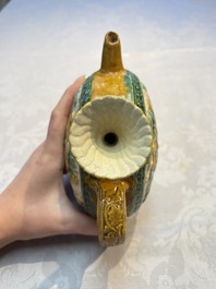 A rare Chinese sancai 'Phoenix' ewer with a wooden box, Liao