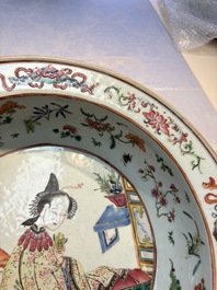 A Chinese famille rose 'Elegant Beauty' basin and a qianjiang cai 'Antiquities' dish, Guangxu mark, 19th C.