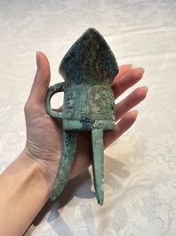 A Chinese archaic bronze wine vessel, Jiao 角, Shang/Zhou
