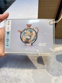 A rare Chinese sancai 'Phoenix' ewer with a wooden box, Liao