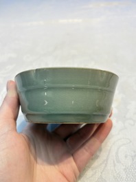 A Chinese Longquan celadon flower-shaped brush washer with a wooden box, Southern Song