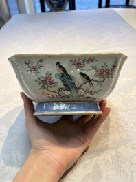 A Chinese famille rose tazza, a blue and white vessel and an enamelled Yixing stoneware teapot, 19th C.