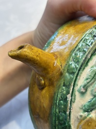 A rare Chinese sancai 'Phoenix' ewer with a wooden box, Liao