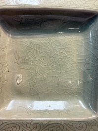 A fine Korean celadon square dish with incised floral design, Goryeo, 12th C.