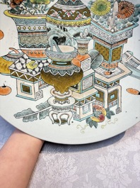A Chinese famille rose 'Elegant Beauty' basin and a qianjiang cai 'Antiquities' dish, Guangxu mark, 19th C.