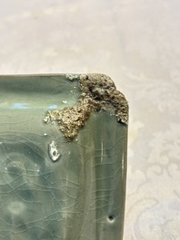 A fine Korean celadon square dish with incised floral design, Goryeo, 12th C.