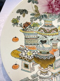 A Chinese famille rose 'Elegant Beauty' basin and a qianjiang cai 'Antiquities' dish, Guangxu mark, 19th C.