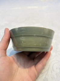 A Chinese Longquan celadon flower-shaped brush washer with a wooden box, Southern Song